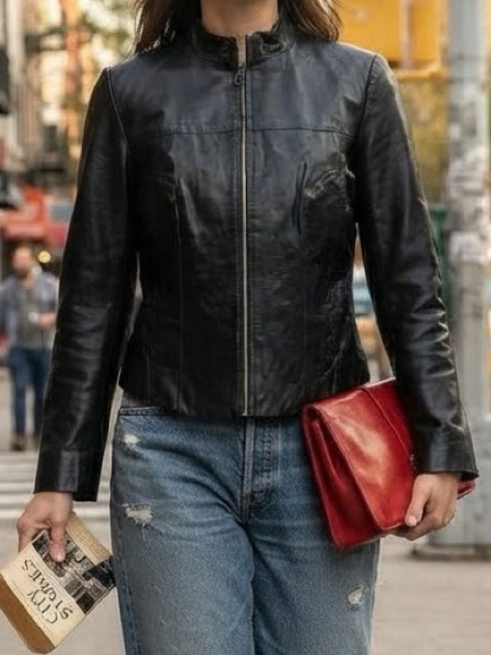 Faded Glory Black Genuine Leather Full Zip Moto Jacket M 8/10 Minimalist Grunge
